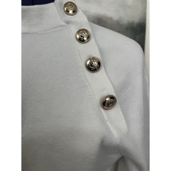 Ann Taylor Women's White Raglan Sleeve Gold Button Mock Neck Sweater Size Small - Picture 4 of 9